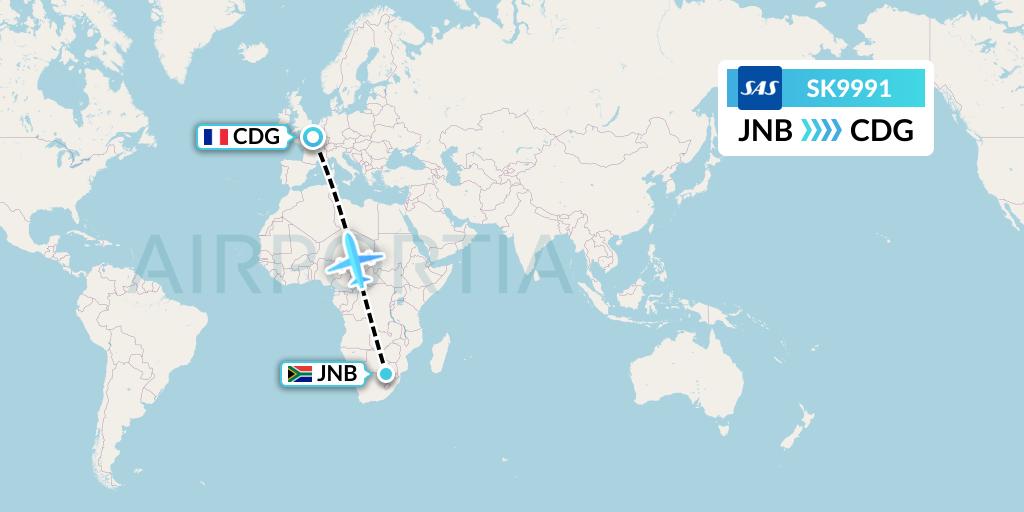 SK9991 SAS Flight Map: Johannesburg to Paris