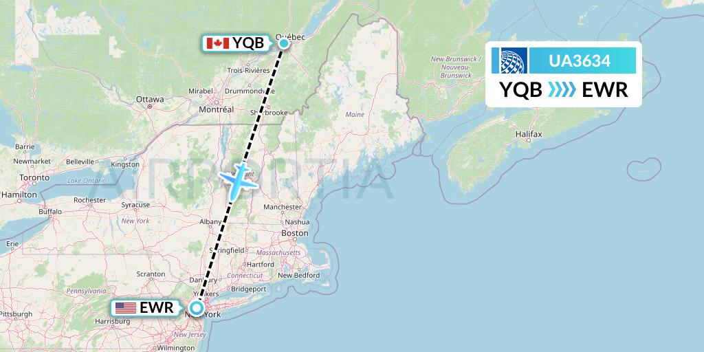 UA3634 United Airlines Flight Map: Quebec to New York