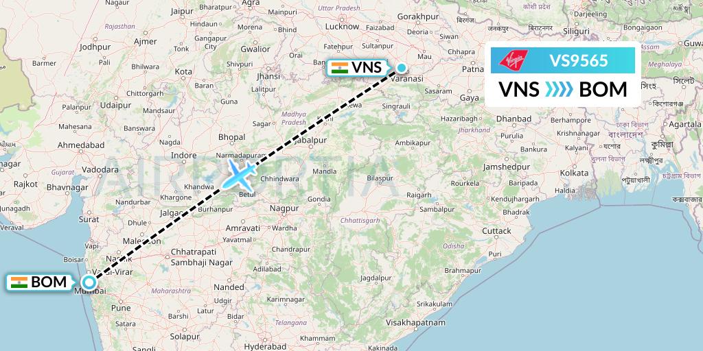 VS9565 Virgin Atlantic Airways Flight Map: Varanasi to Mumbai