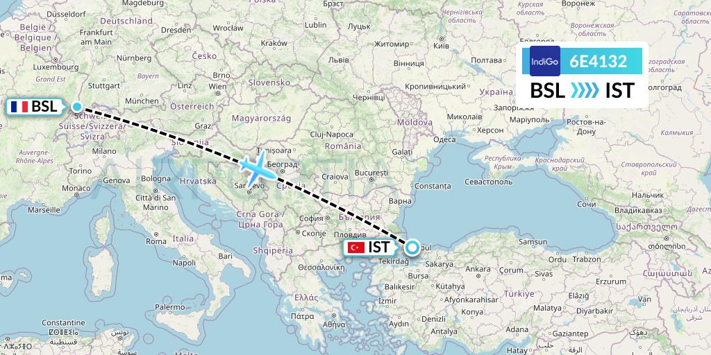 6E4132 IndiGo Airlines Flight Map: Basel to Istanbul