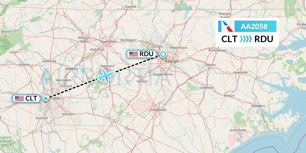 AA2058 American Airlines Flight Map: Charlotte to Raleigh-Durham