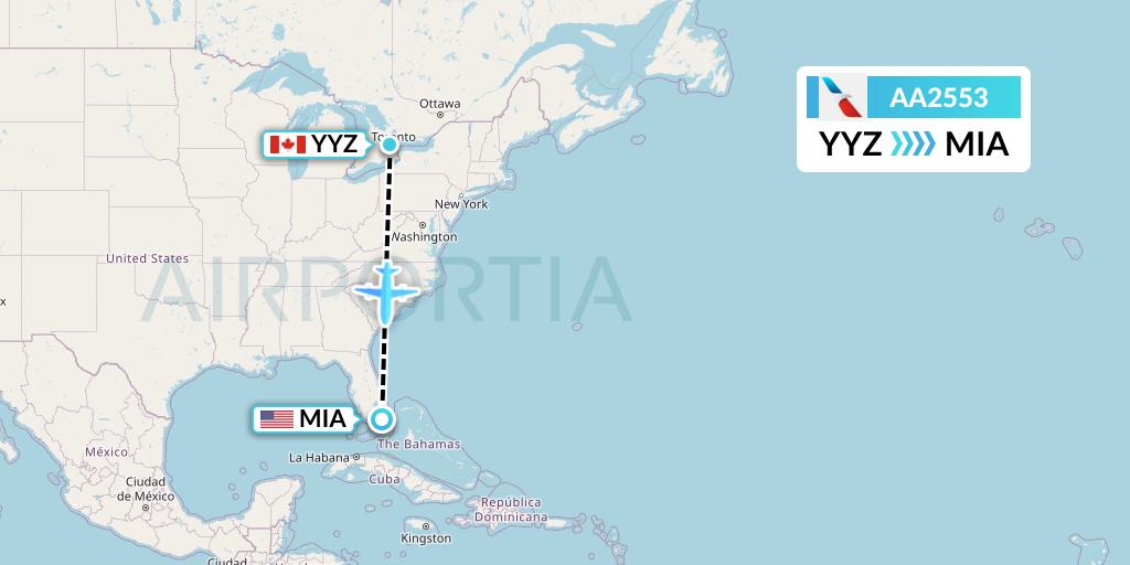 AA2553 American Airlines Flight Map: Toronto to Miami