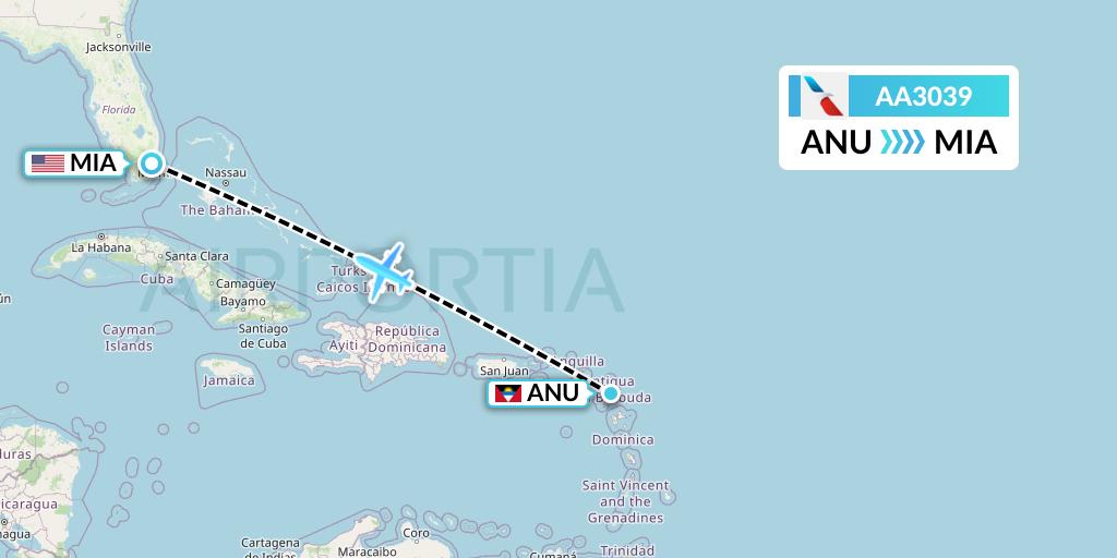 AA3039 American Airlines Flight Map: Antigua to Miami