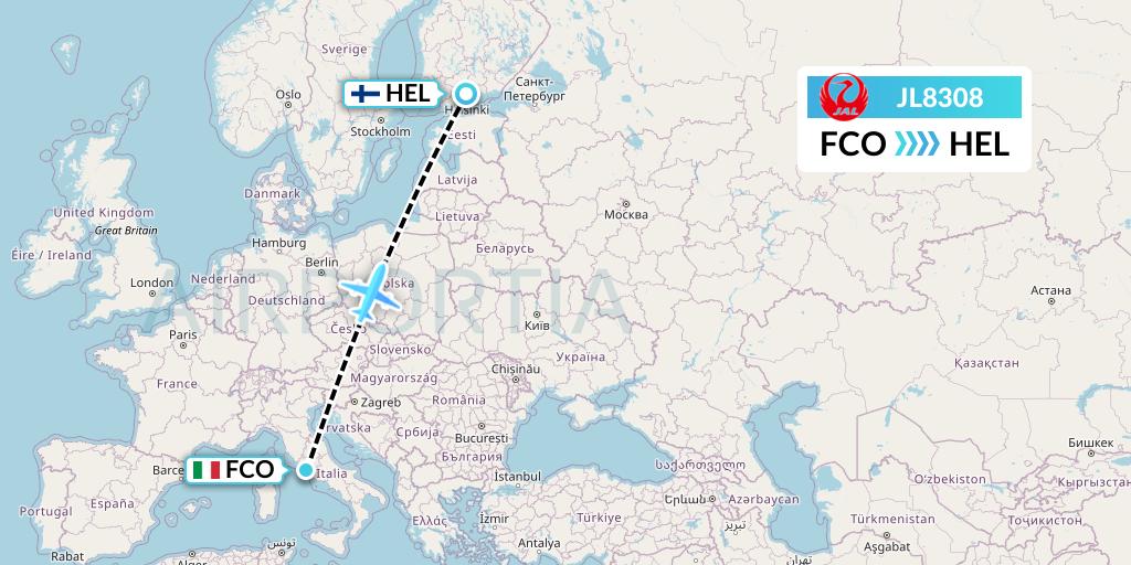 JL8308 Japan Airlines Flight Map: Rome to Helsinki