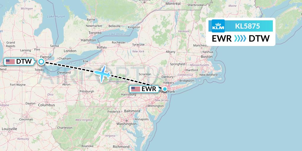 KL5875 KLM Flight Map: New York to Detroit
