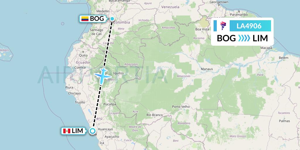 LA4906 LAN Airlines Flight Map: Bogota to Lima