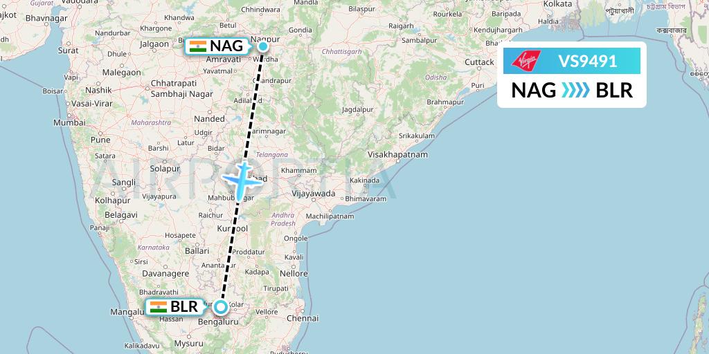 VS9491 Virgin Atlantic Airways Flight Map: Nagpur to Bangalore