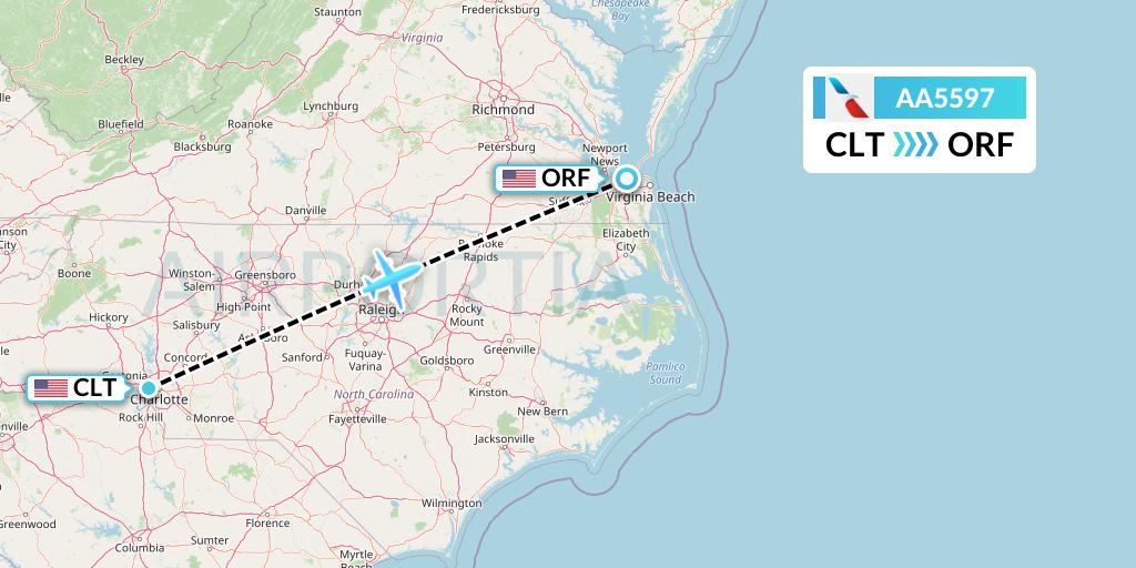 AA5597 American Airlines Flight Map: Charlotte to Norfolk