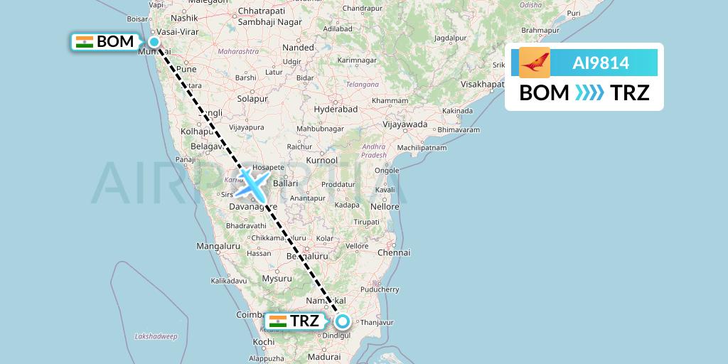 AI9814 Air India Flight Map: Mumbai to Tiruchirapalli