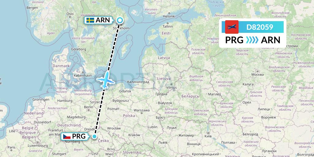 D82059 Norwegian Air International Flight Map: Prague to Stockholm