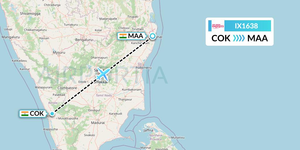 IX1638 Air India Express Flight Map: Cochin to Chennai
