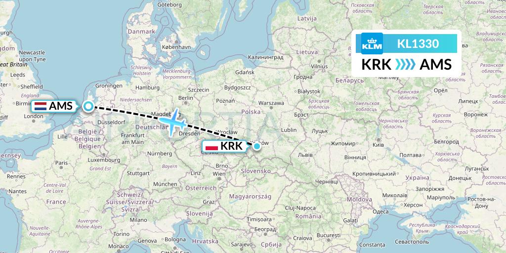 KL1330 KLM Flight Map: Krakow to Amsterdam