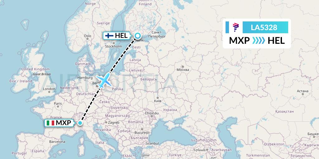 LA5328 LAN Airlines Flight Map: Milan to Helsinki