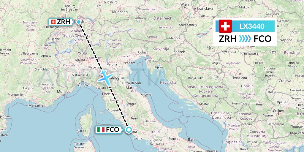 LX3440 Swiss Flight Map: Zurich to Rome