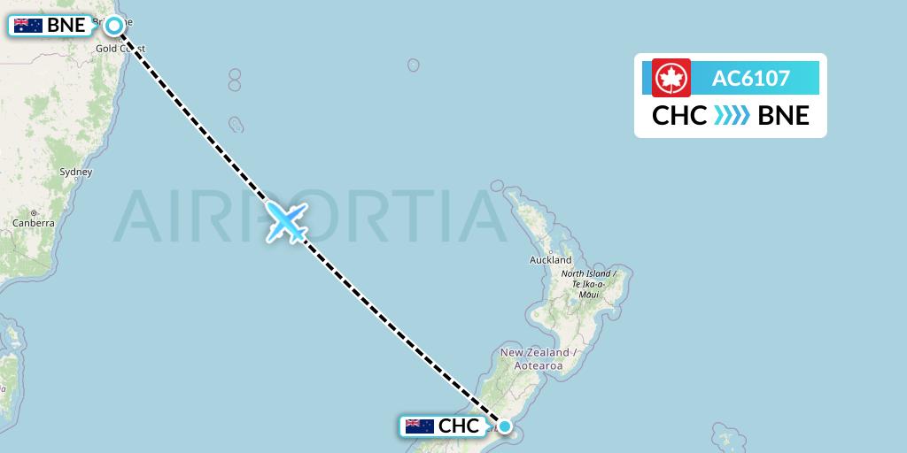 AC6107 Air Canada Flight Map: Christchurch to Brisbane