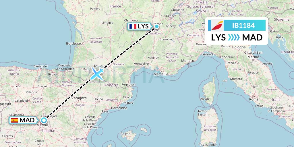 IB1184 Iberia Flight Map: Lyon to Madrid