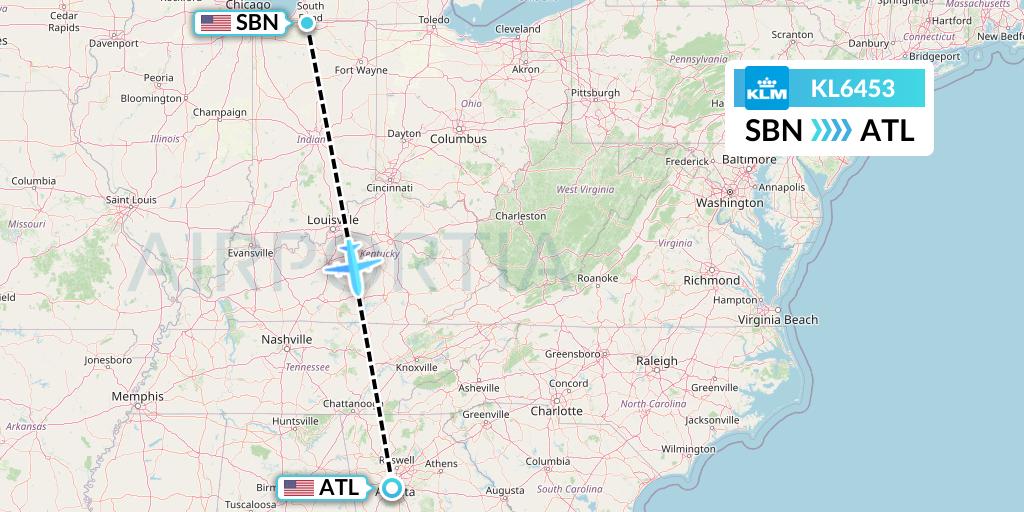 KL6453 KLM Flight Map: South Bend to Atlanta