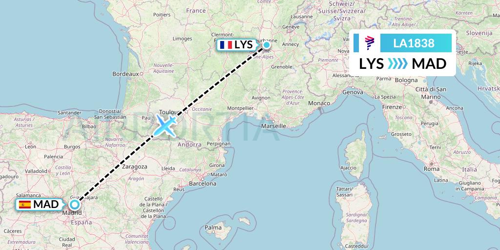 LA1838 LAN Airlines Flight Map: Lyon to Madrid