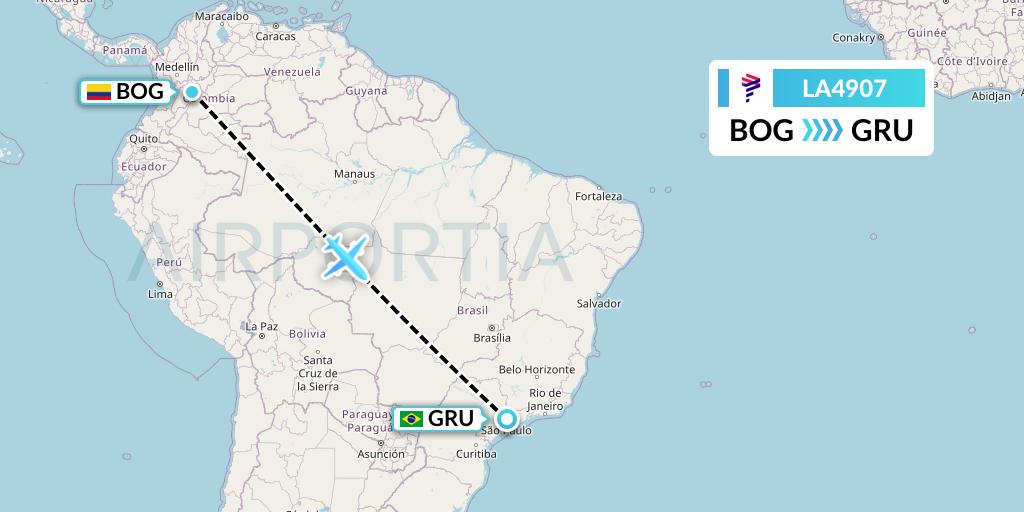 LA4907 LAN Airlines Flight Map: Bogota to Sao Paulo