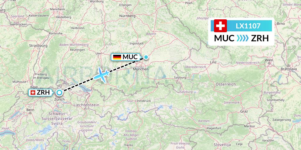 LX1107 Swiss Flight Map: Munich to Zurich