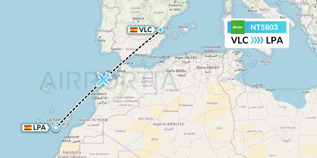 NT5803 Binter Canarias Flight Map: Valencia to Las Palmas