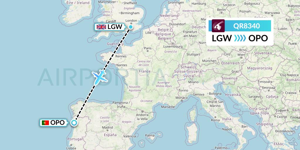 QR8340 Qatar Airways Flight Map: London to Porto