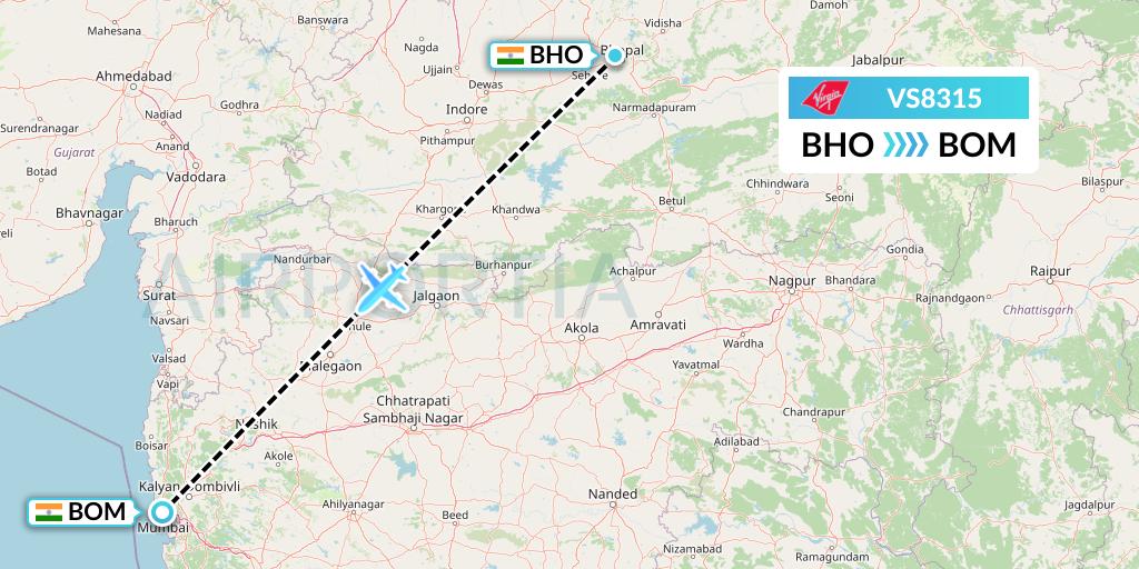 VS8315 Virgin Atlantic Airways Flight Map: Bhopal to Mumbai
