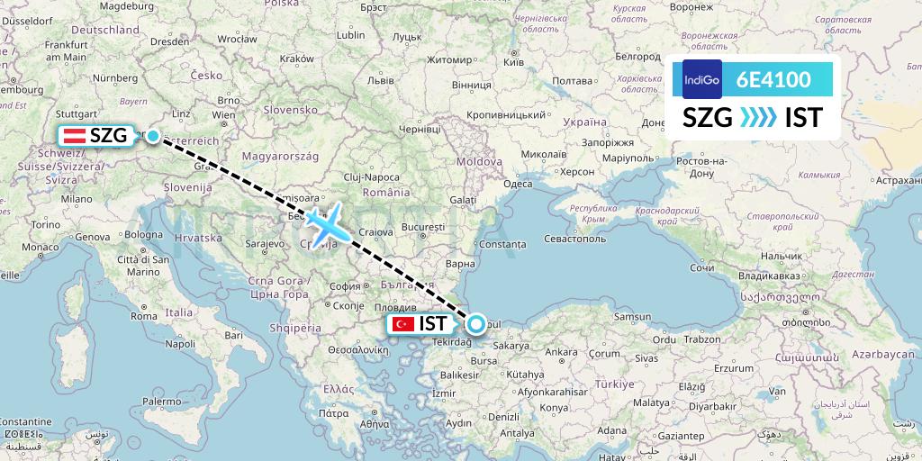 6E4100 IndiGo Airlines Flight Map: Salzburg to Istanbul