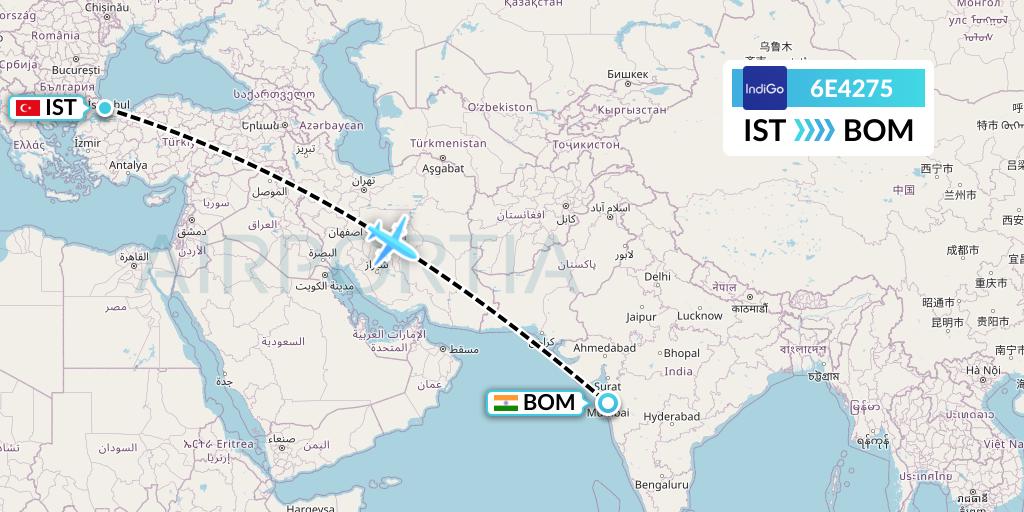 6E4275 IndiGo Airlines Flight Map: Istanbul to Mumbai