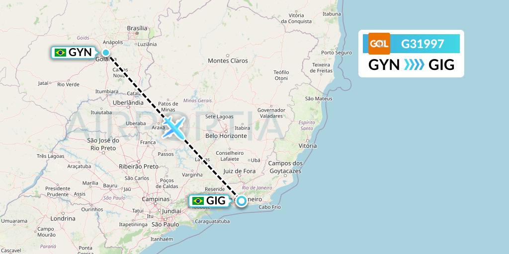 G31997 GOL Transportes Aeros Flight Map: Goiania to Rio de Janeiro