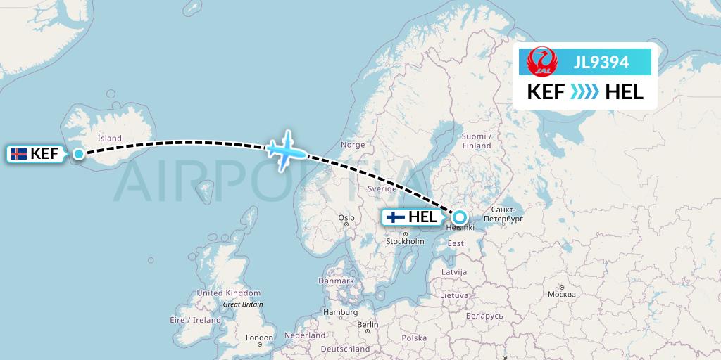 JL9394 Japan Airlines Flight Map: Reykjavik to Helsinki
