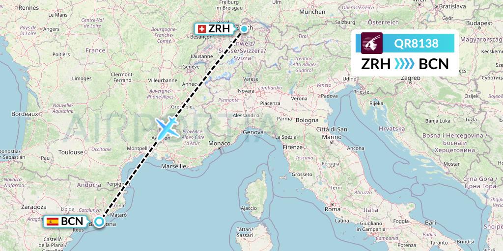 QR8138 Qatar Airways Flight Map: Zurich to Barcelona