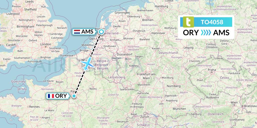 TO4058 Transavia France Flight Map: Paris to Amsterdam