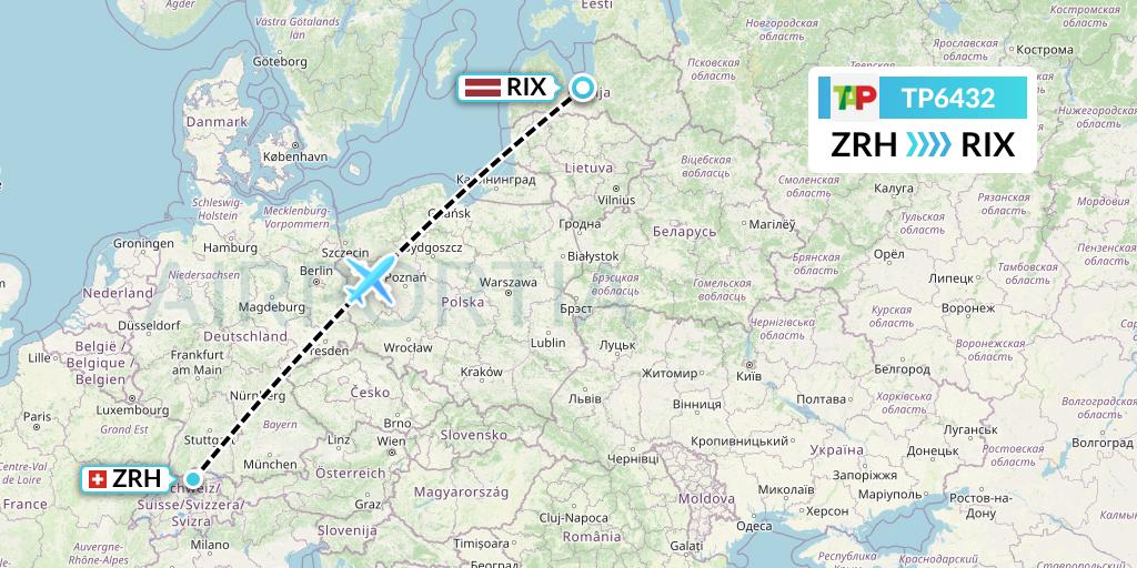TP6432 TAP Portugal Flight Map: Zurich to Riga