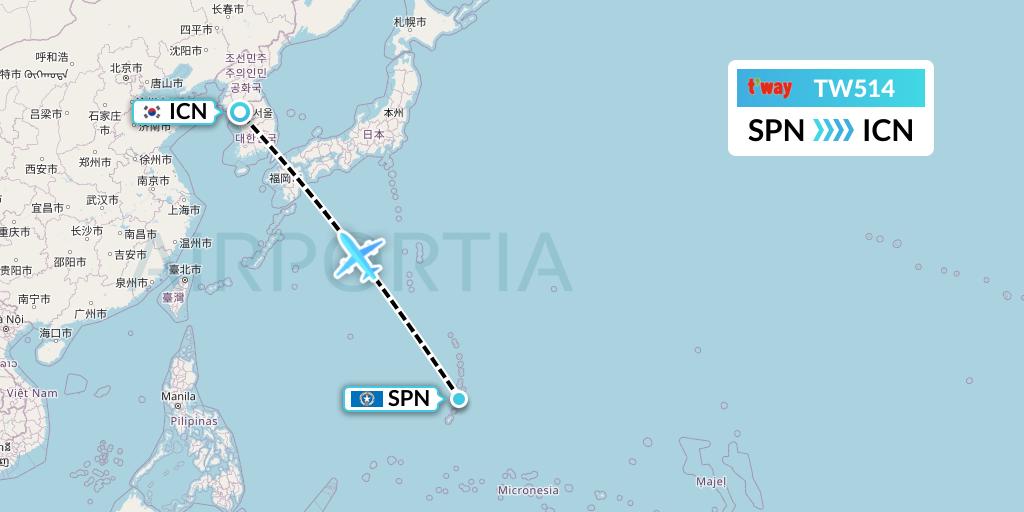 TW514 T'way Air Flight Map: Saipan to Seoul