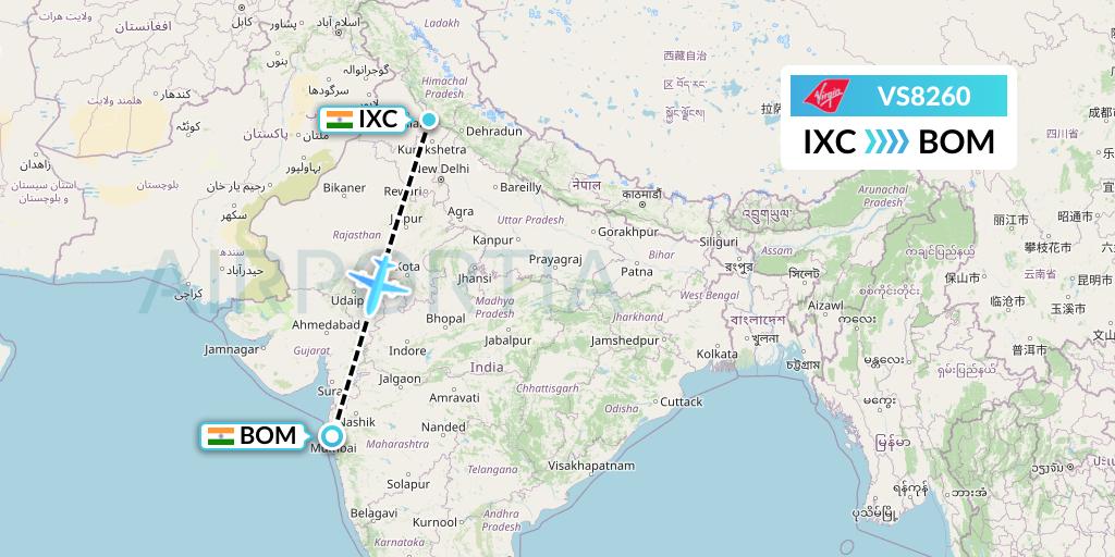 VS8260 Virgin Atlantic Airways Flight Map: Chandigarh to Mumbai