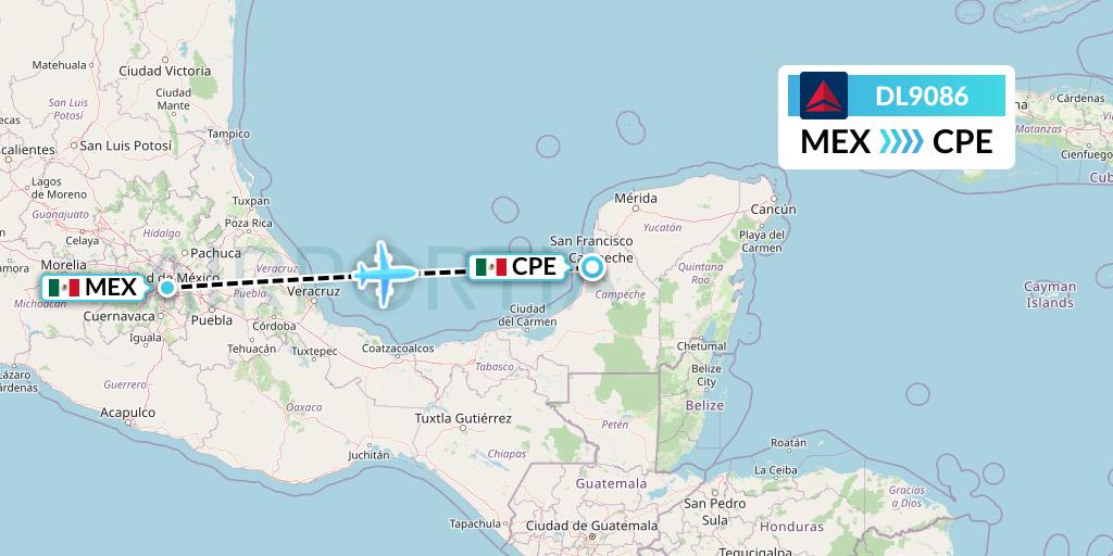 DL9086 Delta Air Lines Flight Map: Mexico City to Campeche