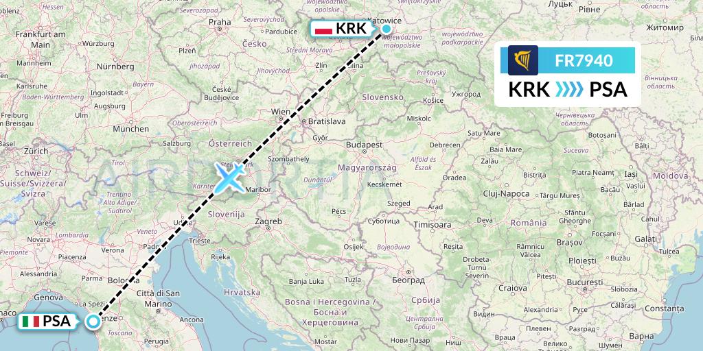 FR7940 Ryanair Flight Map: Krakow to Pisa