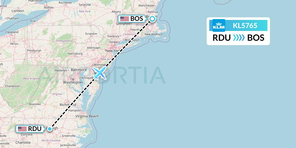 KL5765 KLM Flight Map: Raleigh-Durham to Boston