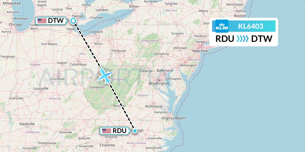 KL6403 KLM Flight Map: Raleigh-Durham to Detroit