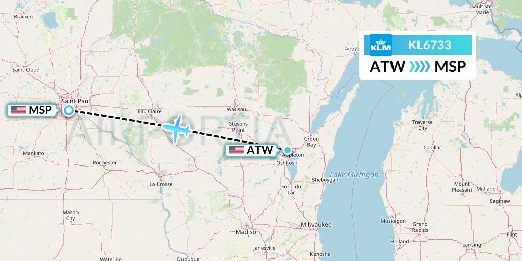 KL6733 KLM Flight Map: Appleton to Minneapolis