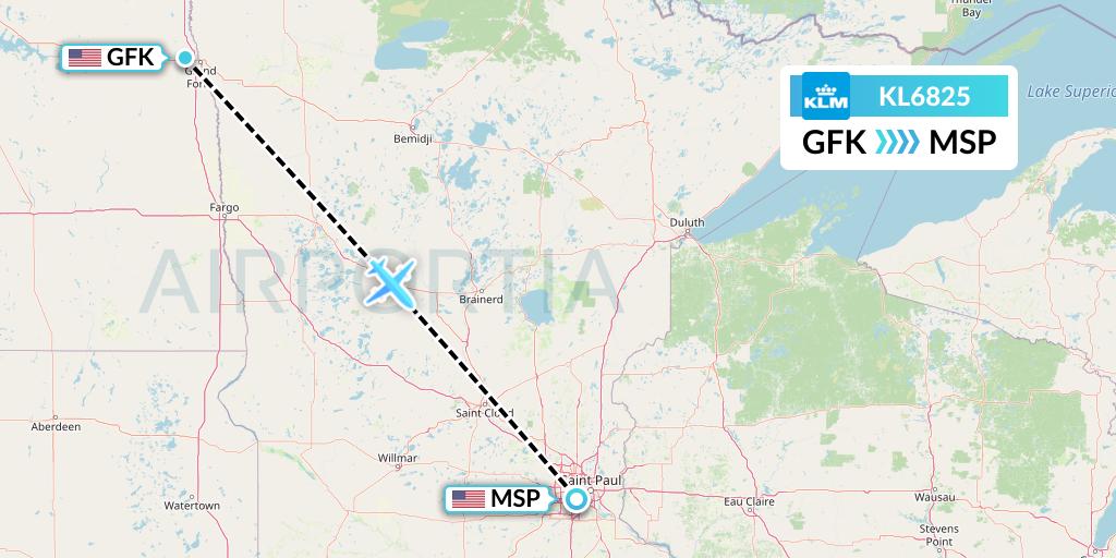 KL6825 KLM Flight Map: Grand Forks to Minneapolis