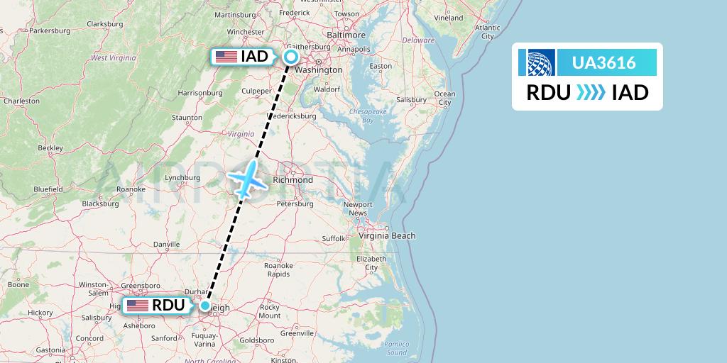 UA3616 United Airlines Flight Map: Raleigh-Durham to Washington