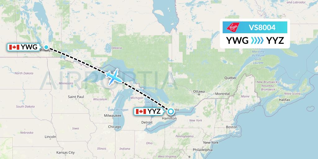 VS8004 Virgin Atlantic Airways Flight Map: Winnipeg to Toronto