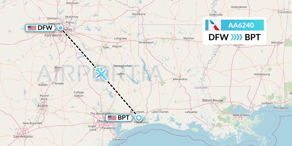 AA6240 American Airlines Flight Map: Dallas to Beaumont