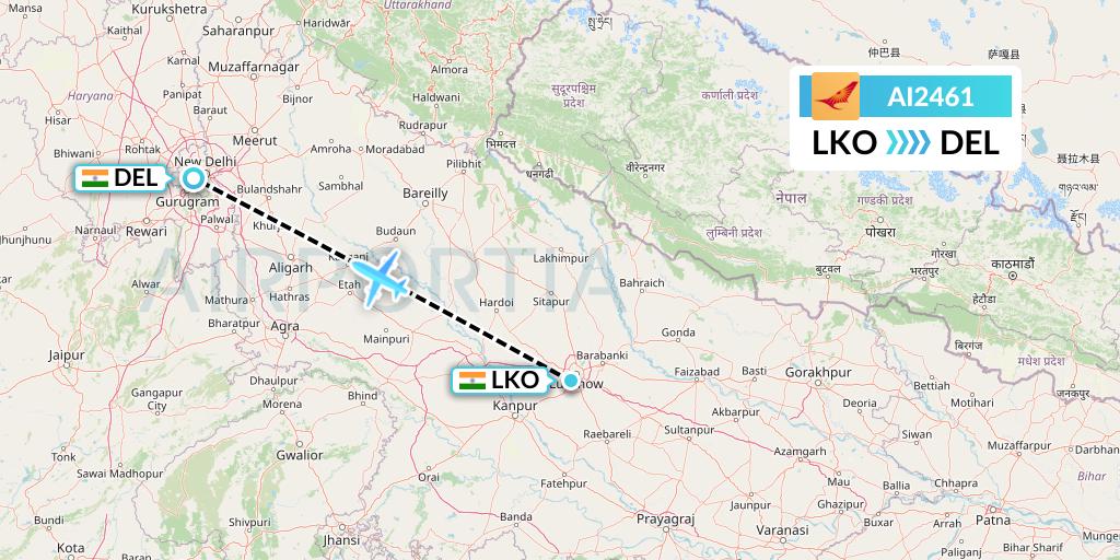 AI2461 Air India Flight Map: Lucknow to Delhi
