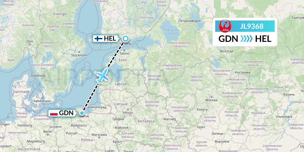 JL9368 Japan Airlines Flight Map: Gdansk to Helsinki
