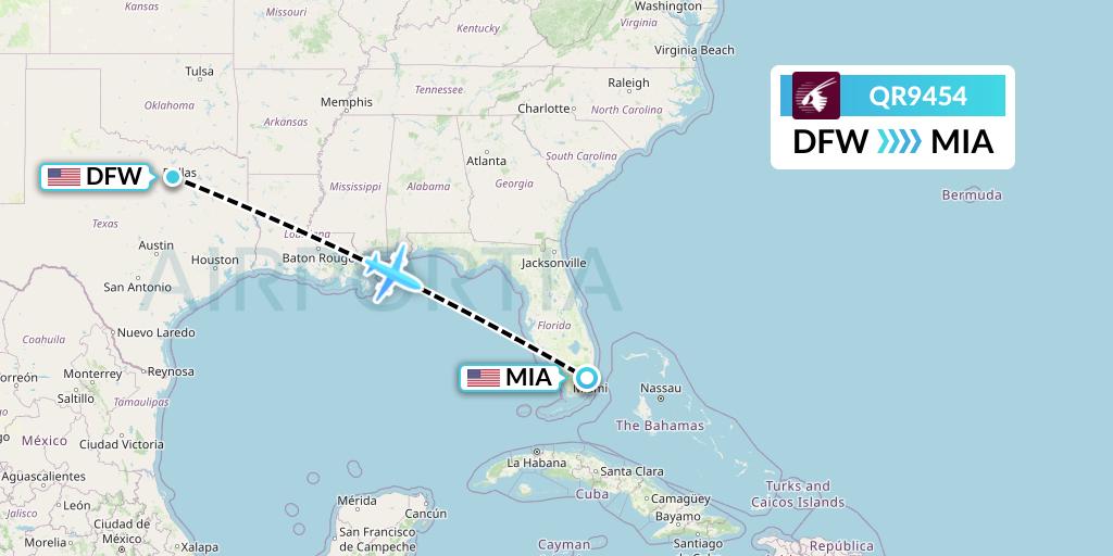 QR9454 Qatar Airways Flight Map: Dallas to Miami