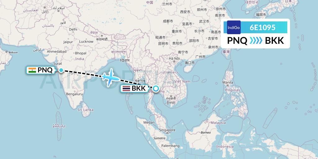 6E1095 IndiGo Airlines Flight Map: Pune to Bangkok