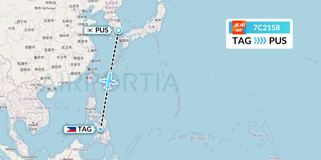 7C2158 Jeju Air Flight Map: Tagbilaran City to Busan